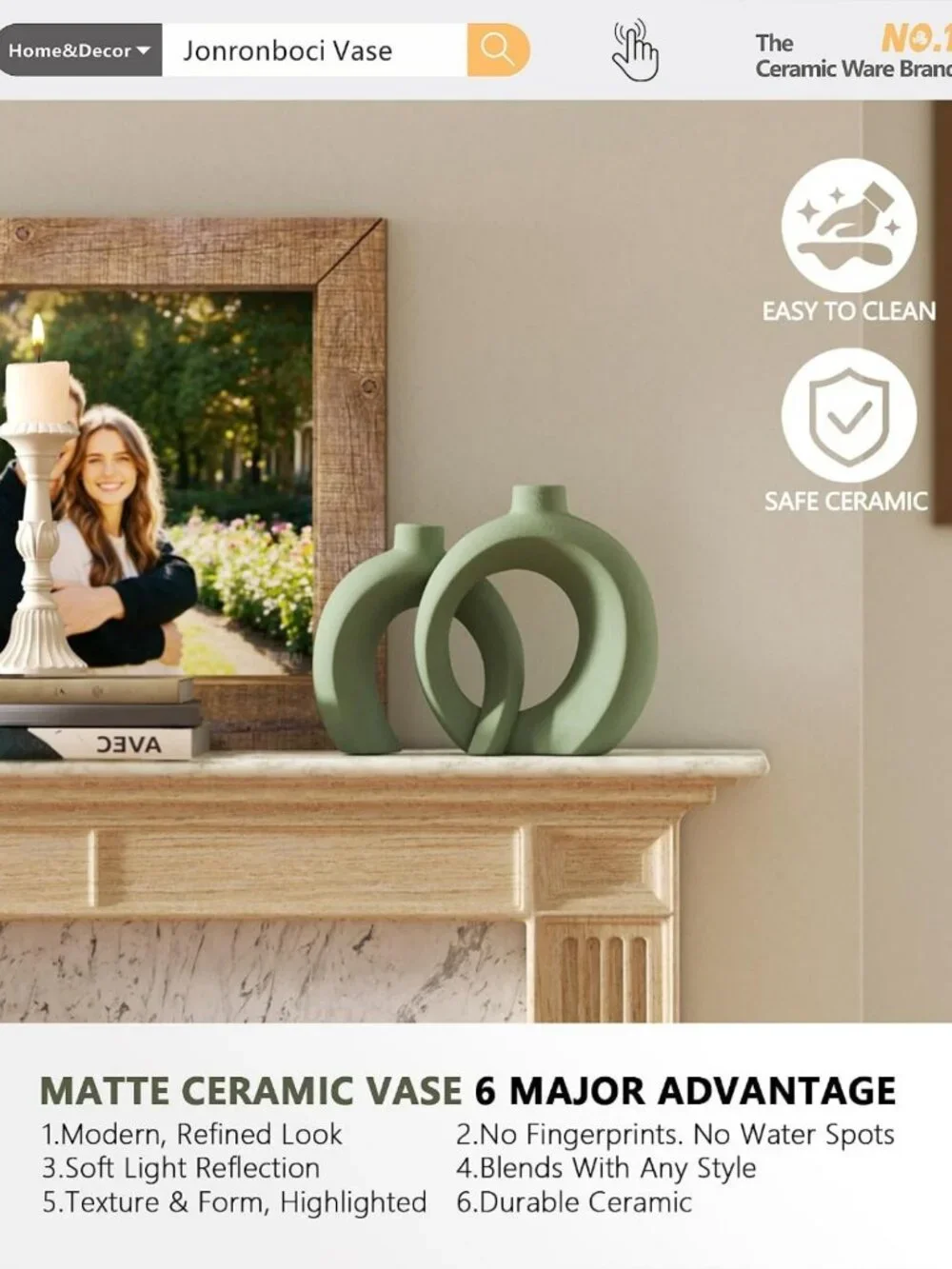 Set of 2 Sage Green Ceramic Vases - Unique Hollow Donut Design, Boho Farmhouse